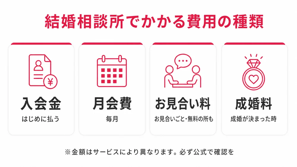 結婚相談所でかかる費用の種類(入会金・月会費・お見合い料・成婚料)