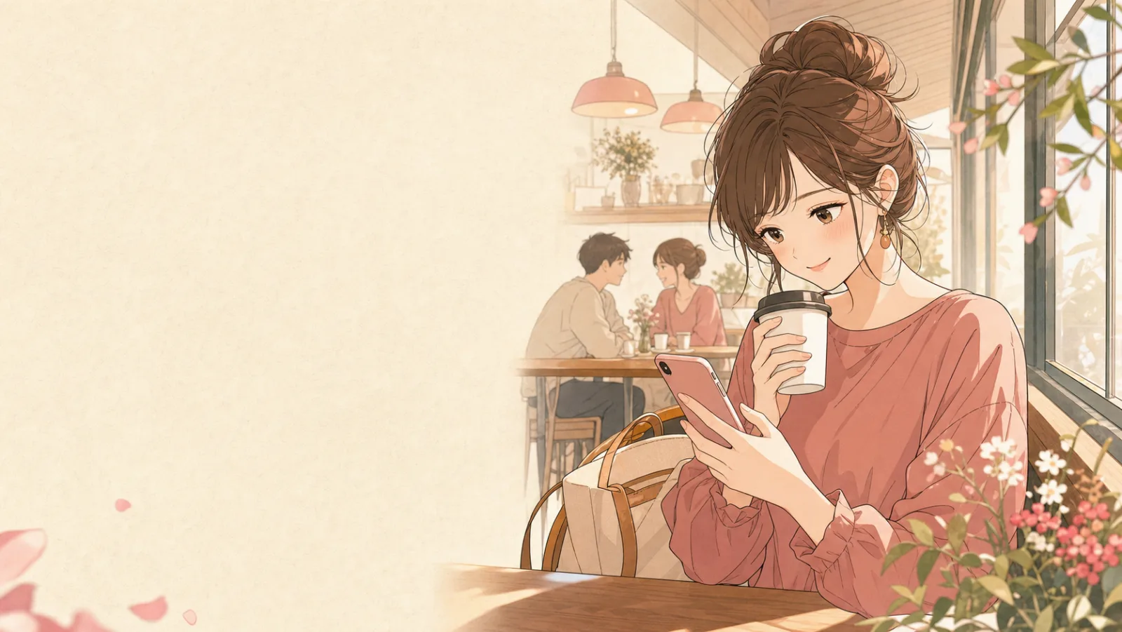 カフェでスマホを見る女性のイラスト｜恋活NEXT