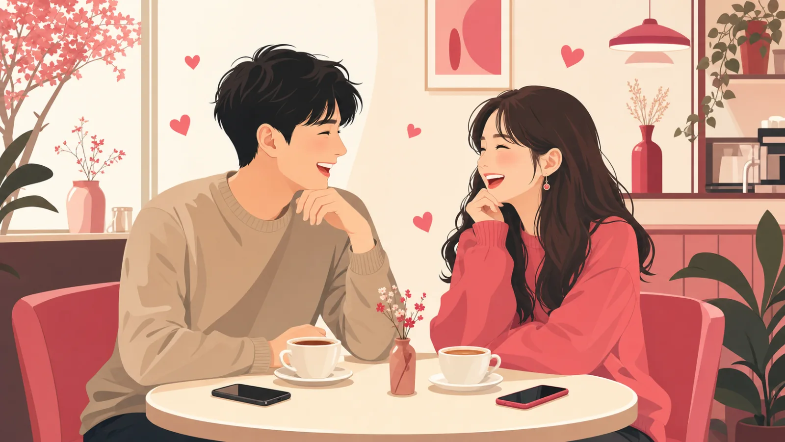 カフェで楽しくデートする恋活タイプのカップルのイラスト