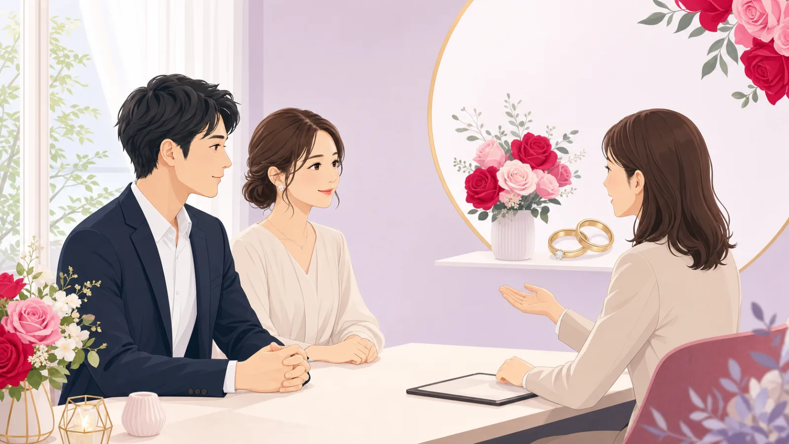 結婚相談所のカウンセラーと面談する婚活タイプのカップルのイラスト